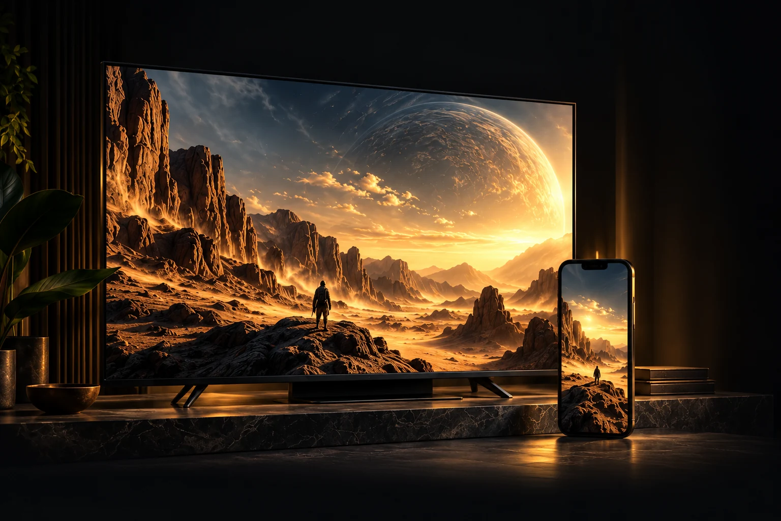 نمایش onFiBOX روی تلویزیون و موبایل با تصویری سینمایی از یک سیاره و کویر